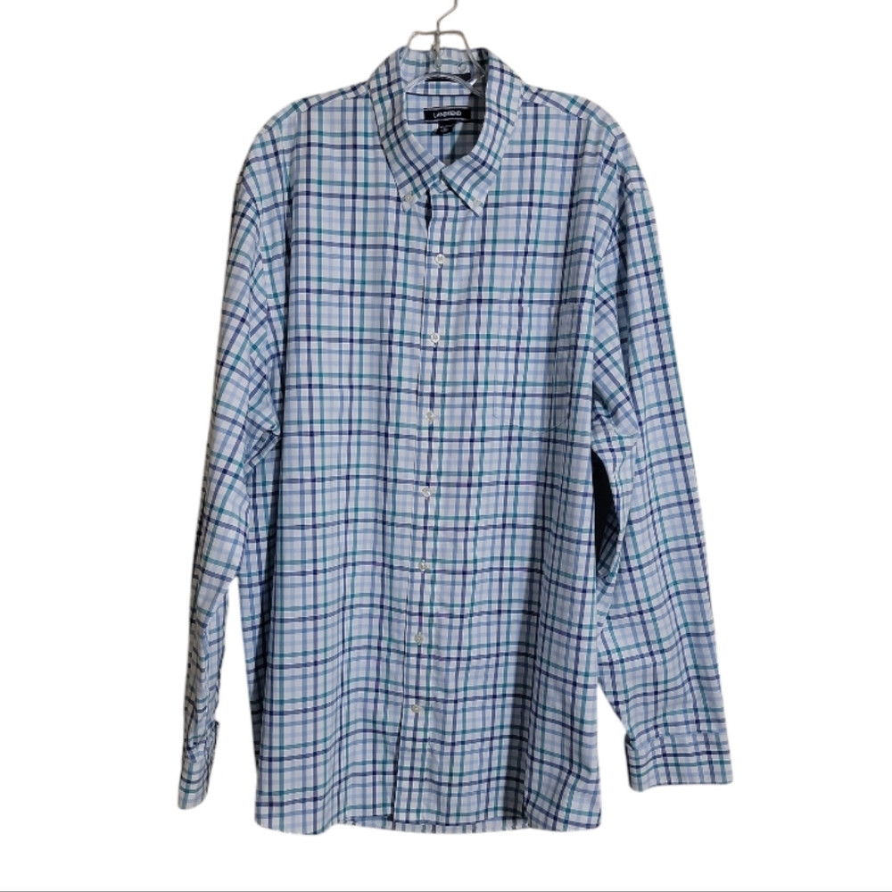 Lands' End men's XXL non iron twill plaid button down shirt long sleeve